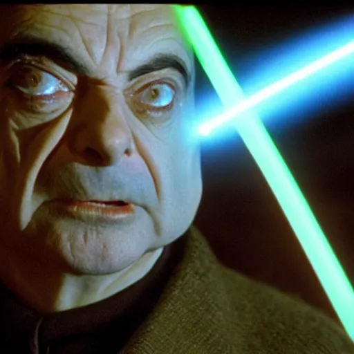 Prompt: mr. bean as darth sidious, holding a red light saber in star wars, film still, cinematic lighting, highly detailed