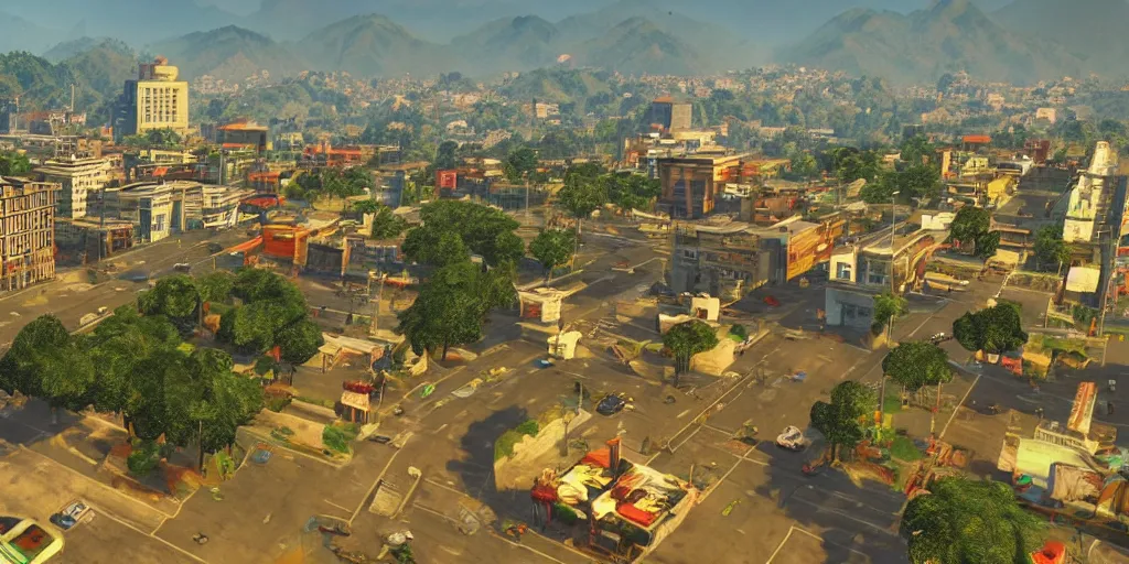 Image similar to guatemala city if it was a game like grand theft auto v, with realistic visuals and award winning gameplay