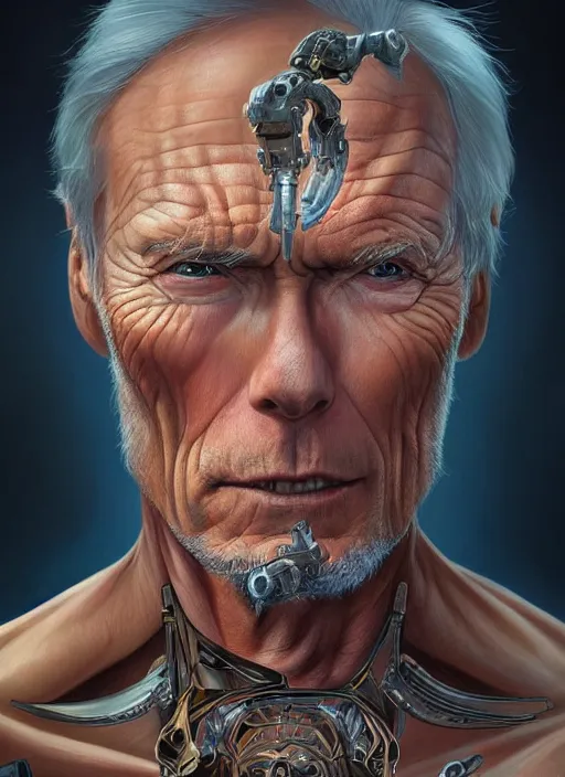 Prompt: symmetry!! clint eastwood, male, machine parts embedded into face, intricate, elegant, highly detailed, digital painting, artstation, concept art, smooth, sharp focus, illustration, art by artgerm and greg rutkowski and alphonse mucha, 8 k