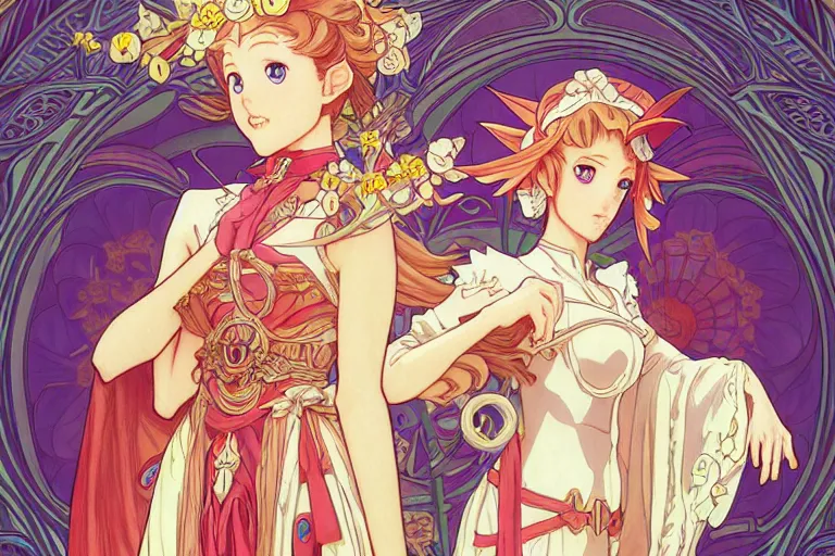 Prompt: elegant elf girl,noble, detailed, yuya nagai, last exile, loish, murata range, kawaii, bright studio lighting, vibrant bright colors, japanese, beautiful, dreamy, alphonse mucha, gradation, jean giraud, high saturation, 1990s, enchanted forest, fantasy, makoto shinkai