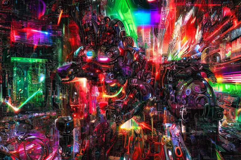 Image similar to complex cyberpunk machine background merged with evil cybernetic goat head in center focus, multicolored digital art