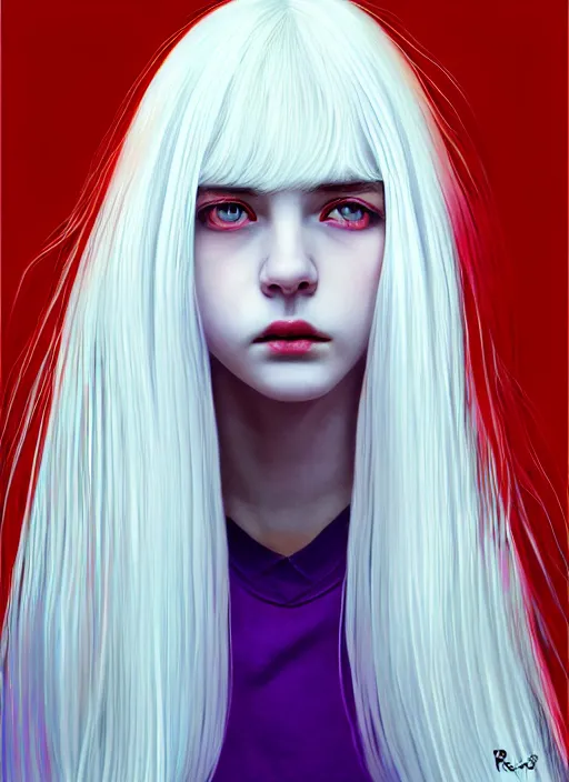 Image similar to hair whitebangs hair, black hair, whitebangs, portrait of teenage girl with white bangs, red irises, purple clothes, white bangs, bangs are different color from hair, intricate, elegant, glowing lights, highly detailed, digital painting, artstation, concept art, smooth, sharp focus, illustration, art by wlop, mars ravelo and greg rutkowski