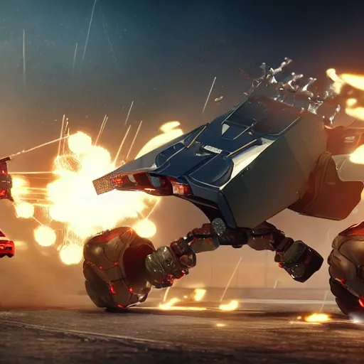 Image similar to Giant police mech fires rockets at fleeing sports car, color, cinematic lighting, highly detailed, octane render