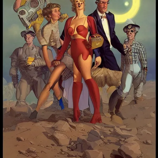 Prompt: time traveler team. portrait by mœbius and gil elvgren. character design. realistic proportions. dystopian. concept art. cel shading. attractive face. thick lines. hi def 4 k. the team. detailed characters.