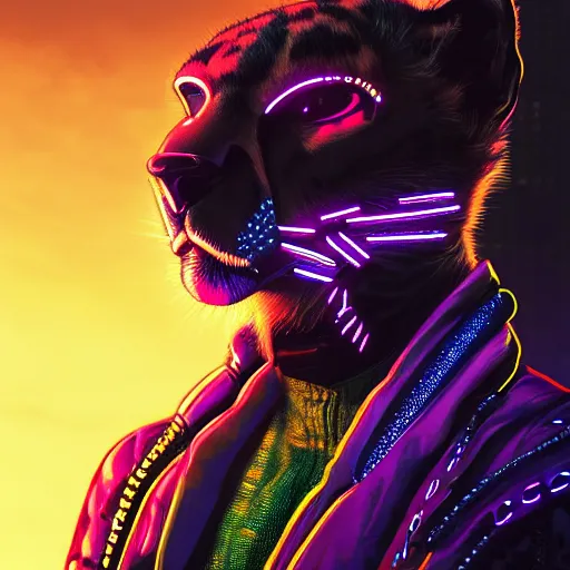 Image similar to a beautiful commission portrait of a male anthro cheetah wearing a neon jacket,futuristic,detailed face,mohawk,cyberpunk city,deviantart,artstation,art by greg rutkowski,ross tran,professional lighting,neon city,night,raytracing,highly realistic,4k,dramatic,hyperrealism