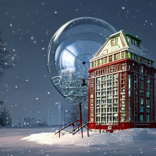 Image similar to a snow globe with a soviet building in it, a computer rendering by leandro erlich, trending on cgsociety, retrofuturism, tesseract, isometric, physically based rendering