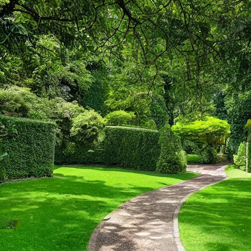Prompt: the grounds are lush and green, with flowers and trees dotting the lawns. a path leads from the castle gates, through the grounds and into the jungle beyond