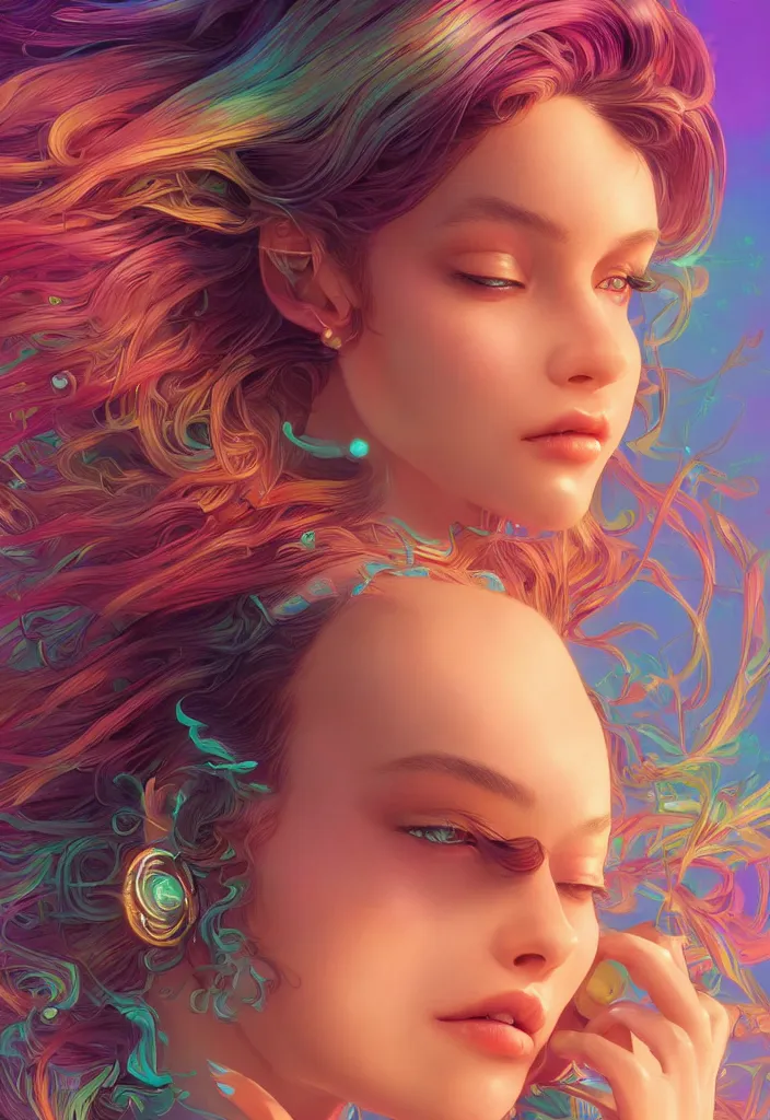 Image similar to beautiful, young woman, detailed gorgeous face, vaporwave aesthetic, synthwave, colorful, psychedelic, artstation, concept art, smooth, extremely sharp detail, finely tuned detail, ultra high definition, 8 k, unreal engine 5, ultra sharp focus, illustration, art by artgerm and greg rutkowski and alphonse mucha