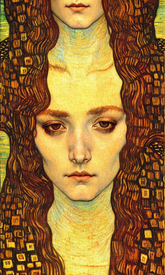 Image similar to detailed realistic beautiful young medieval queen face portrait by jean delville, gustav klimt and vincent van gogh, art nouveau, symbolist, visionary, gothic, pre - raphaelite, muted earthy colors, desaturated