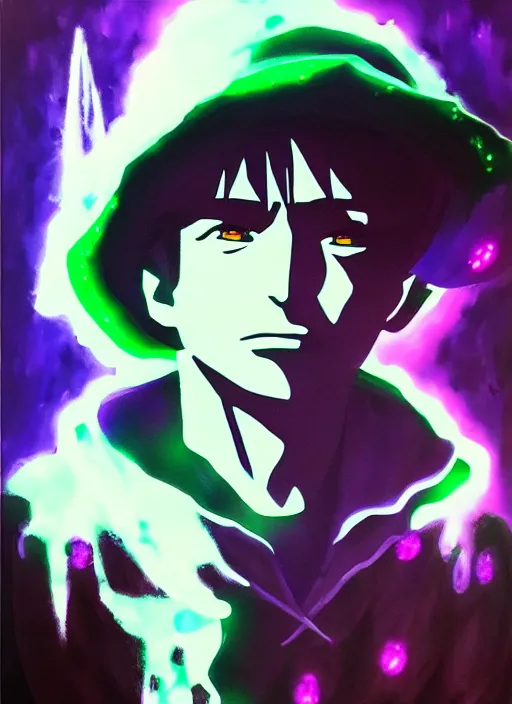 Image similar to made in abyss glamour necro science acrylic painting of salvia divinorum, photorealistic tony montana in a style of cyberpunk, magic glowing blur