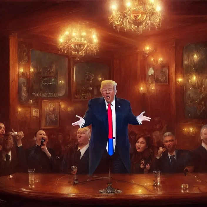 Image similar to donald trump singing on a table in a bar, elegant, real life skin, intricate artwork, high detailed, artstation, concept art, smooth, sharp focus, art by artgerm and greg rutkowski