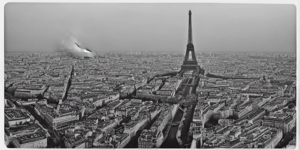 Image similar to extensive smoke rising from the top of the eiffel tower, aerial view, several police cars and crowds running across the ground, polaroid, 6 0's, hyperrealism, no blur, 4 k resolution, ultra detailed