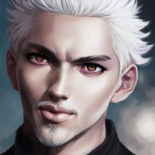 Prompt: Semi realistic anime illustration of white haired parted down the middle short hair man, with beautiful hyperdetailed black sclera eyes, full face portrait made by Stanley Artgerm, WLOP, Rossdraws, James Jean Andrei Riabovitchev, Marc Simonetti, Yoshitaka Amano, Artstation