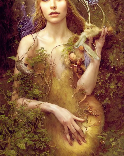 Image similar to dryad musician, portrait, accompanied by a feathered mouse, studio lighting by jessica rossier and brian froud and gaston bussiere