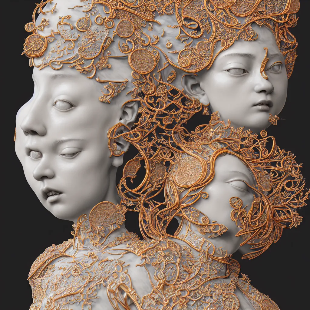 Image similar to A Close up photo-real delicate ceramic porcelain sculpture of an ornate detailed in front of an intricate background by Victo Ngai, micro detail, backlit lighting, face in focus, thin porcelain, octane renderer, colorful, physically based rendering, trending on cgsociety