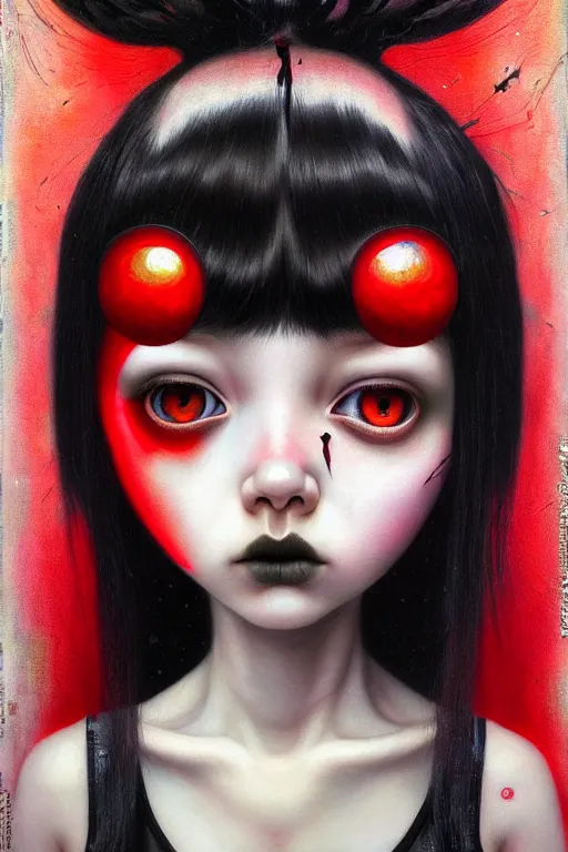 Prompt: a woman with red eyes and black hair, oil canvas art style by hikari shimoda, guillermo del toro and mark ryden, featured on cgsociety, pop surrealism, daz 3 d, anaglyph effect, iridescent, masterpiece