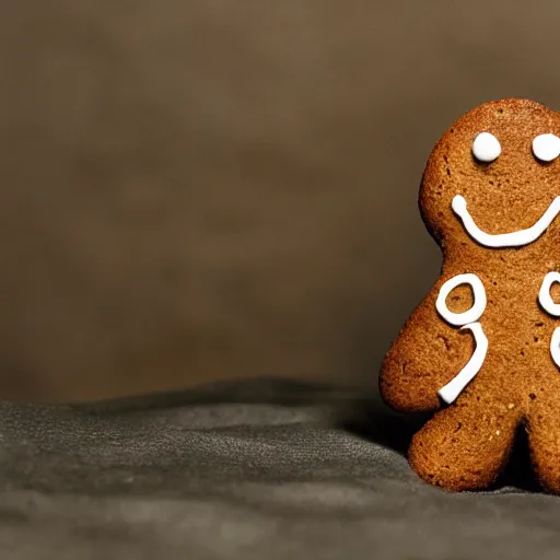 Image similar to a gingerbread man sits in a gingerbread house, contemplating existential dread. is he made of house? or is the house made of flesh? he screams for he does not know.