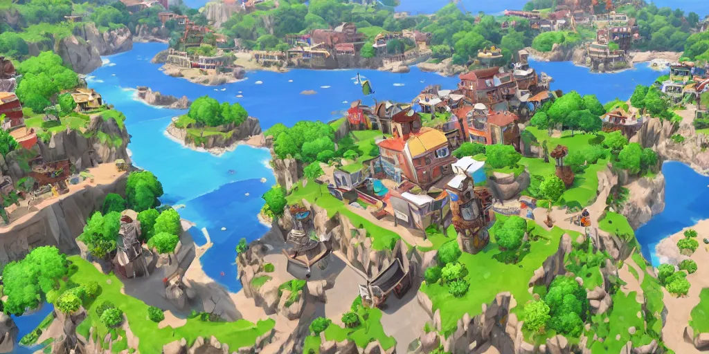 Prompt: small coastal town in a video game similar to pokemon sword and shield. varied height level terrain, various points of interest, overview