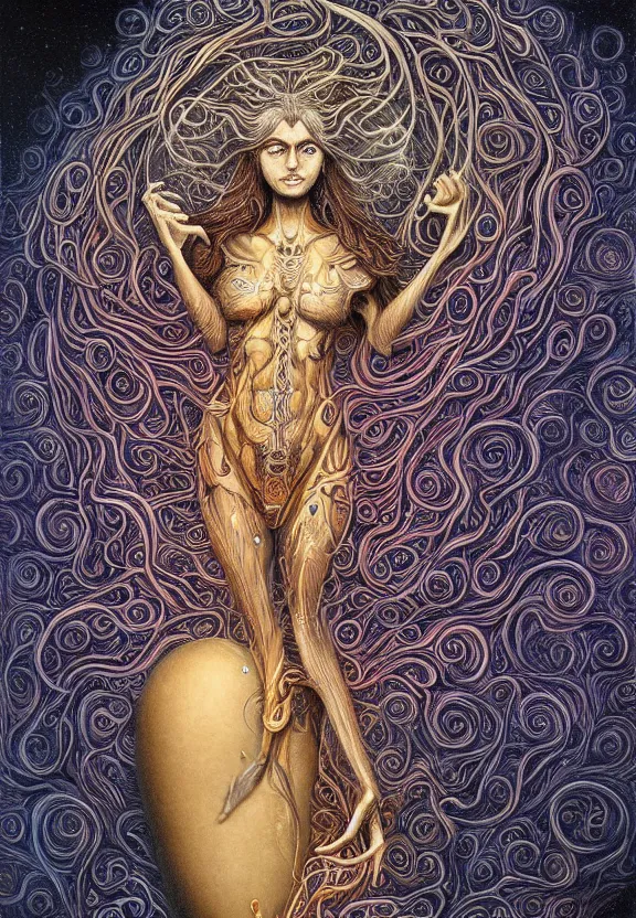 Image similar to perfectly centered full body front view of a beautiful biomechanical moon goddess, flowing hair, intense stare, sweet smile, symmetrical, concept art, intricate detail, volumetric shadows and lighting, psychedelic colors, realistic oil painting, alex grey, gustave dore,