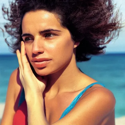 Image similar to color still shot of giorgia whigham relaxing on the beach, face closeup,