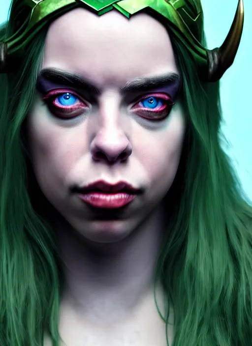 Prompt: Billie Eilish as Female Loki, Goddess of Mischief, sci fi, elegant, olive skin color, hyper realistic, hyper detail, very detailed, digital art, trending on artstation, smooth render, 8k octane render,