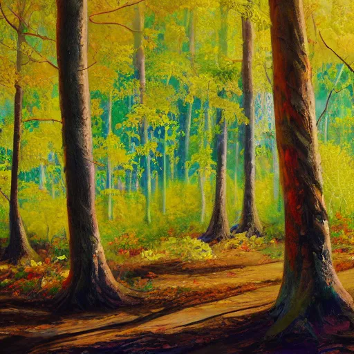 Image similar to a painting of lush forest in the sunlight, acrylic painting, very detailed, mellow, 4 k, trending on artstation