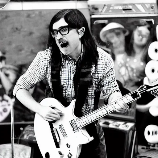 Prompt: “ weezer performing at chuck e. cheese, photorealistic, kind of sad ”