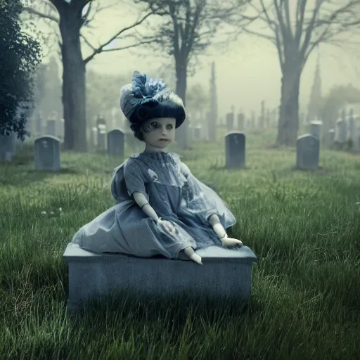 Prompt: an ethereal child's doll wearing victorian clothing and a sinister expression, sitting on a headstone in a cemetery, plague, fireflies, octane render, hypperreal, moody, cinematic composition, cinematic lighting, eerie, gothic, 8 k, hyper details, unreal engine, octane render