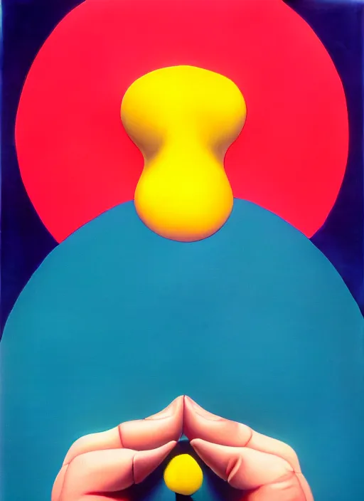 Image similar to a men balancing shapes on his finger by shusei nagaoka, kaws, david rudnick, airbrush on canvas, pastell colours, cell shaded!!!, 8 k