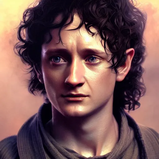 Prompt: selfie of frodo, fine detailed face, long curly hair, stunning 3 d render inspired art by greg rutkowski and xiang duan and thomas eakes, realistic, highly detailed attributes and atmosphere, dim volumetric cinematic lighting, 8 k octane detailed render, post - processing, masterpiece
