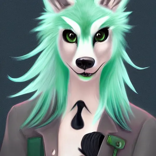 Image similar to Beautiful digital painting of an anthro anthropomorphic pastel-green androgynous wolf, Punk outfit. cute