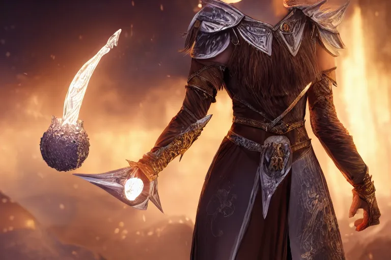 Image similar to ultra detailed fantasy, a beautiful magician with a fireball in right her hand, an ice sword in her left hand, realistic, dnd, rpg, lotr game design fanart by concept art, behance hd, artstation, deviantart, global illumination radiating a glowing aura global illumination ray tracing hdr render in unreal engine 5