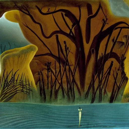 Image similar to painting of a lush natural scene on an alien planet by remedios varo. beautiful landscape. weird vegetation. cliffs and water.