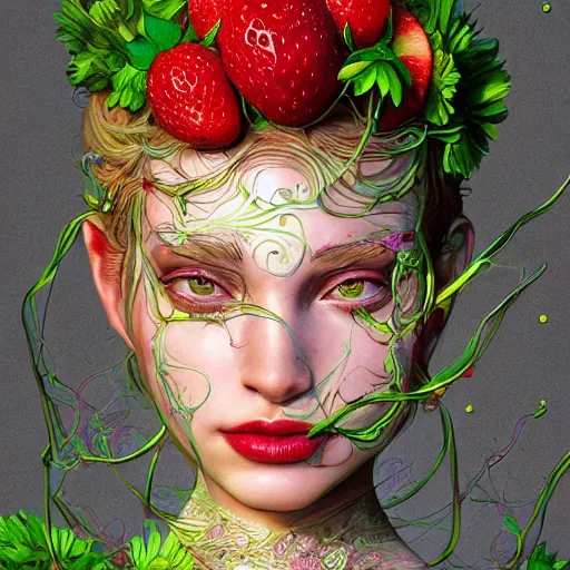 Prompt: the portrait of an absurdly beautiful, graceful, elegant, perky woman made of strawberries and green petals, an ultrafine hyperdetailed illustration by kim jung gi, irakli nadar, intricate linework, bright colors, octopath traveler, final fantasy, angular, unreal engine 5 highly rendered, global illumination, radiant light, detailed and intricate environment