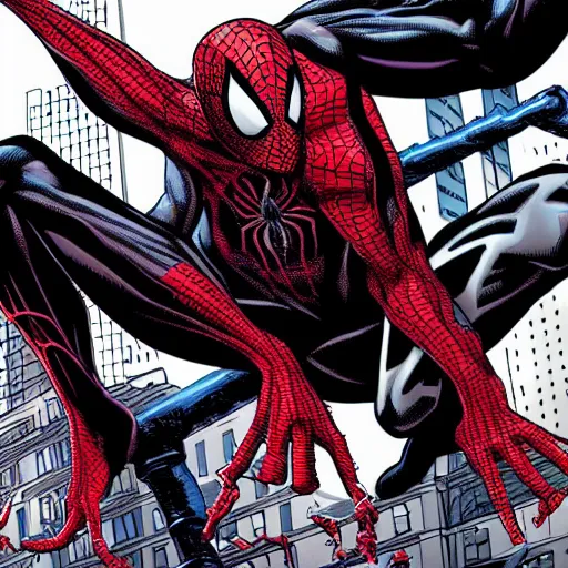 Image similar to carnage symbiote morphing in to spider man on a dark and stormy night in new york city