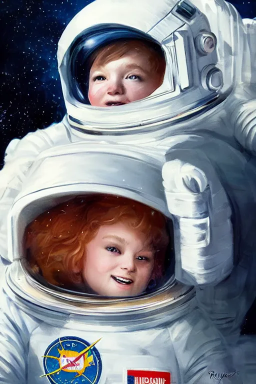 Image similar to a little boy with a cherubic michievous face and ginger hair floating in space, surrounded by stars. he is an astronaut, wearing a space suit. clean elegant painting, beautiful detailed face. by raymond swanland and artgerm and greg rutkowski