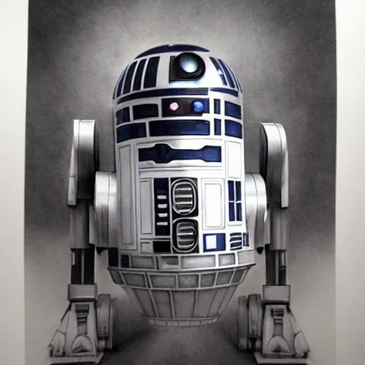 Prompt: hyper realistic pencil drawing of a r2d2 and c3p0, detailed, rim light, diffused, intricate, axe, by anna dittmann