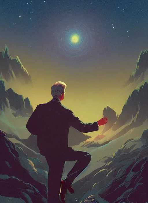 Prompt: Twin Peaks poster artwork by Michael Whelan and Tomer Hanuka, Rendering of the Dale Cooper floating in the cosmos, full of details, by Makoto Shinkai and thomas kinkade, Matte painting, trending on artstation and unreal engine