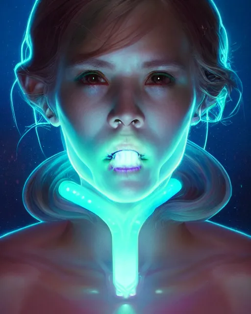 Image similar to one singular portrait of a cute bioluminescent creature, pulp scifi, highly detailed, digital painting, moody cinematic lighting, hyperrealism, dark retrowave, art by stanley lau and artgerm and magali villeneuve and alphonse mucha, artstation, octane render, cgsociety