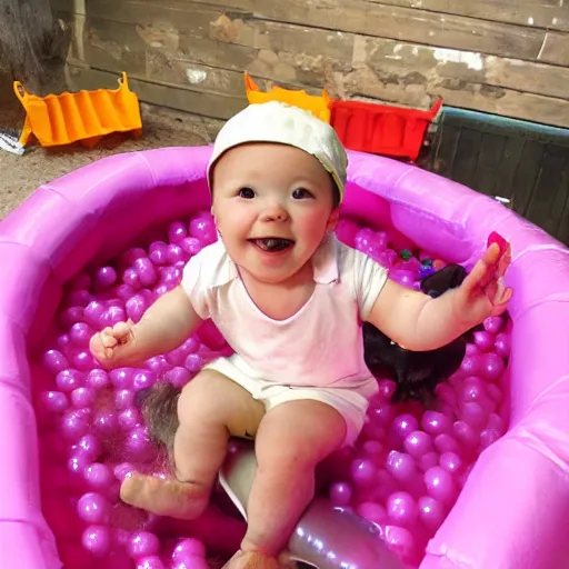 Image similar to infant riding on the back of a pig in a ball pit