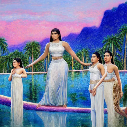 Prompt: a ultradetailed beautiful painting of the kardashians standing in front of the diamonds waterfall in the amazonas palace balustrade designed by jules bastien - lepage, tarsila do amaral, frank weston and gustave baumann, beach, trending on artstation, mediterranean, palm trees, sharp focus, soft light, 8 k 4 k