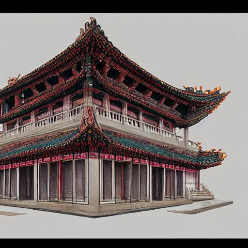 Image similar to architectural drawing, ancient chinese architecture, rubix cube house concept, rubix cube by by gabe kralik, artstation, fine detail