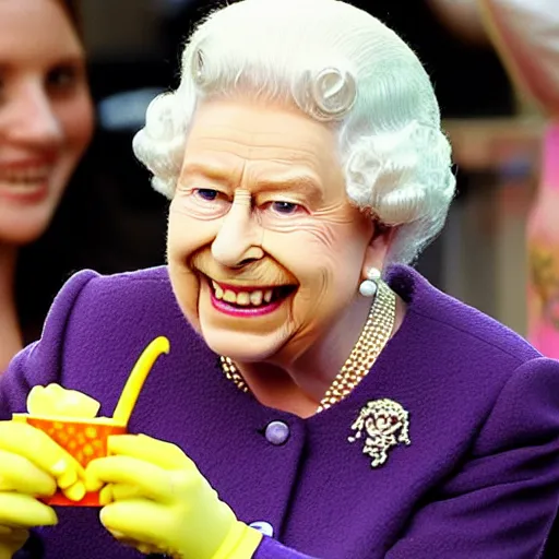 Prompt: the Queen eating a McDonald's happy meal