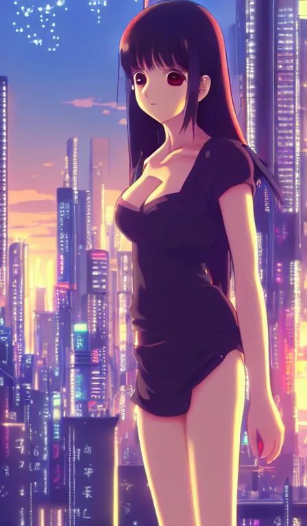 Image similar to anime fine details portrait of Momo Yaoyorozu in front of cyberpunk moder city landscape on the background deep bokeh, close-up view, anime masterpiece by Studio Ghibli. 8k, sharp high quality anime, artstation