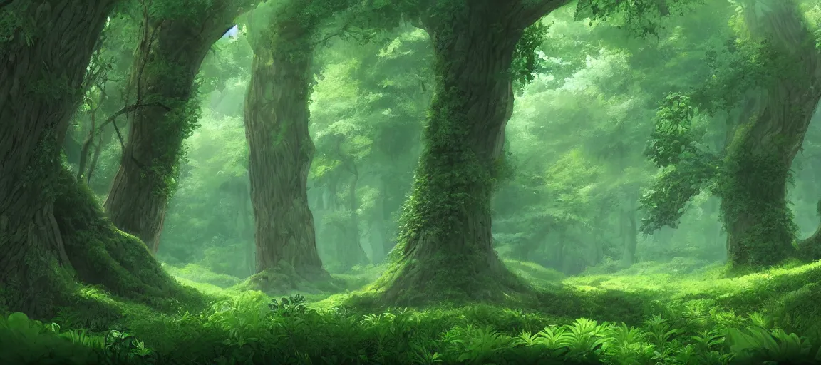 Image similar to A lush green forest by Ghibli Studio, digital art, immaculate scale