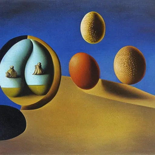 Image similar to A pair of hedgehogs and a floating egg, oil painting by Salvador Dali