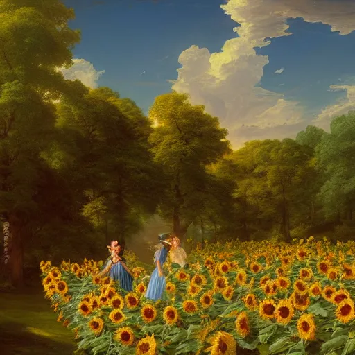 Prompt: the garden of the sun, an endless field of sunflowers in perpetual summer sunlight, touhou gensokyo by thomas cole, asher brown durand, greg rutkowski, highly detailed, soft lighting, rendered in octane