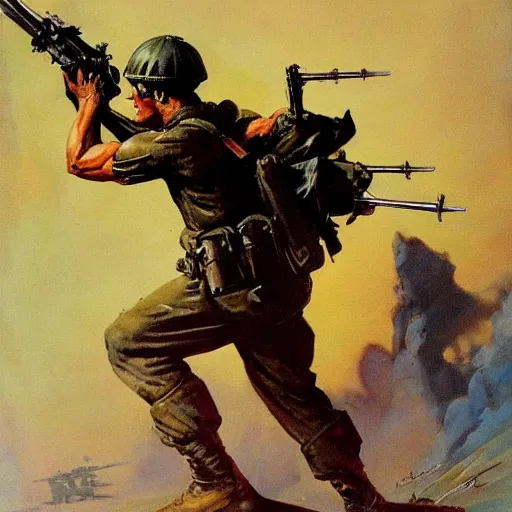 Prompt: frank frazetta painting of soldier firing machine gun, 8K, highly detailed