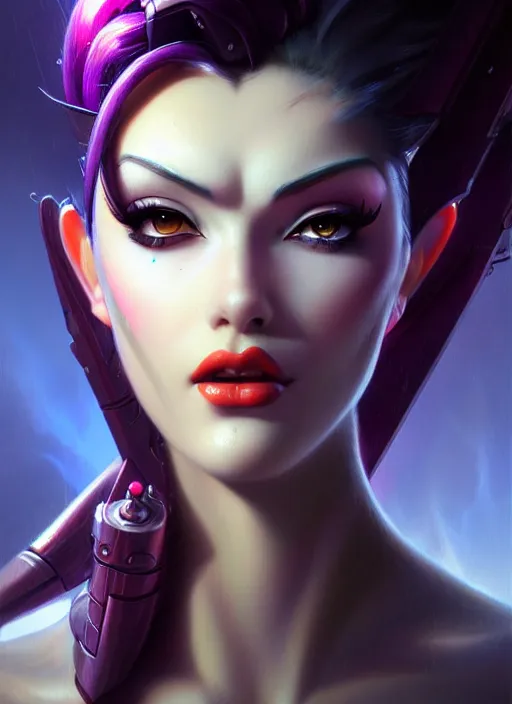 Image similar to beautiful widowmaker from overwatch, fantasy, fantasy art, character portrait, portrait, close up, highly detailed, scifi art, intricate detail, amazing detail, sharp focus, vintage fantasy art, vintage sci - fi art, radiant light, trending on artstation, caustics, by boris vallejo