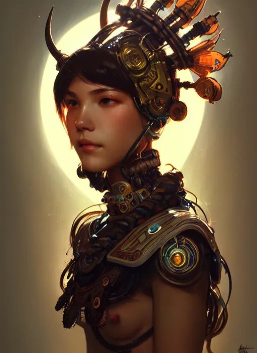 Image similar to portrait of cybertronic shaman beautiful girl, intrigante, bone headgear, headshot, highly detailed, digital painting, artstation, concept art, sharp focus, cinematic lighting, illustration, art by artgerm and greg rutkowski, alphonse mucha, cgsociety